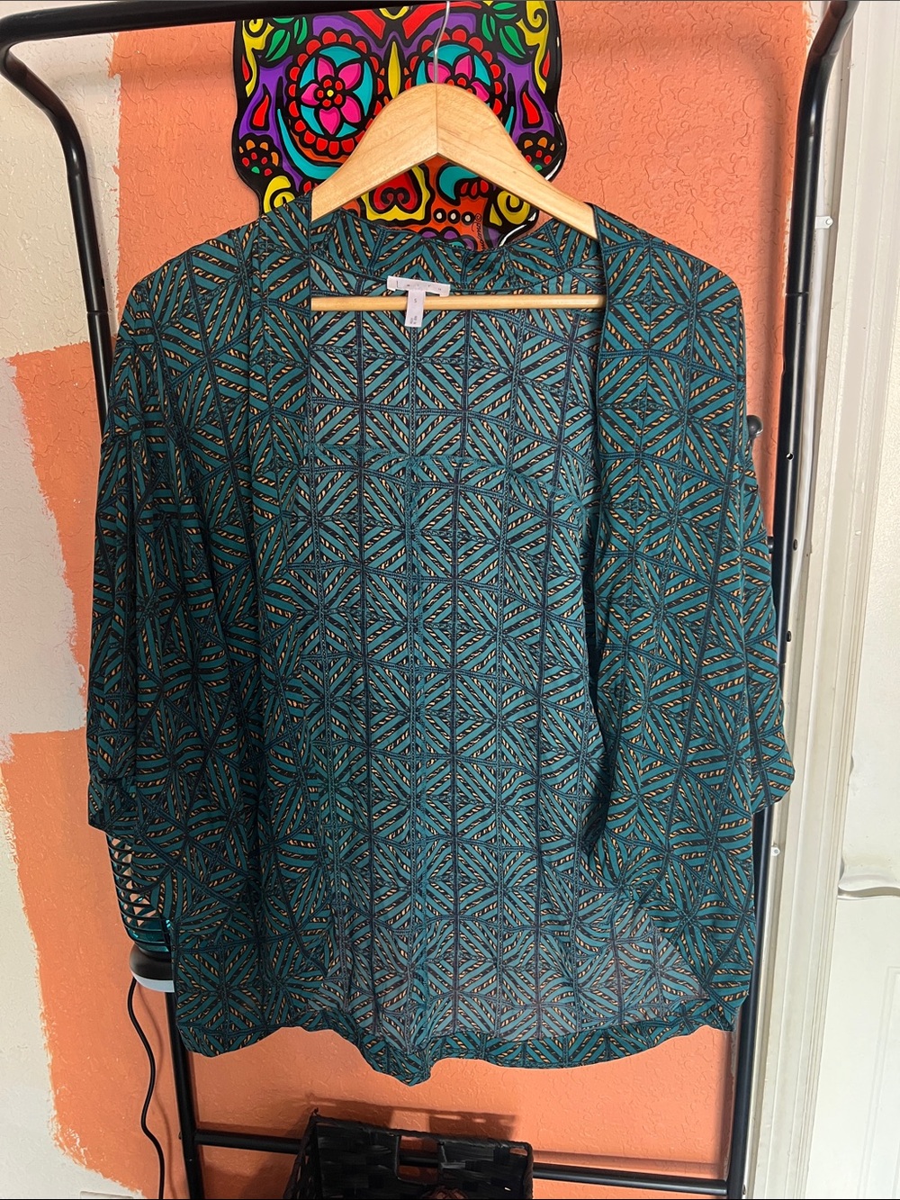 Leith Teal and Black Geometric Open-Front Kimono
